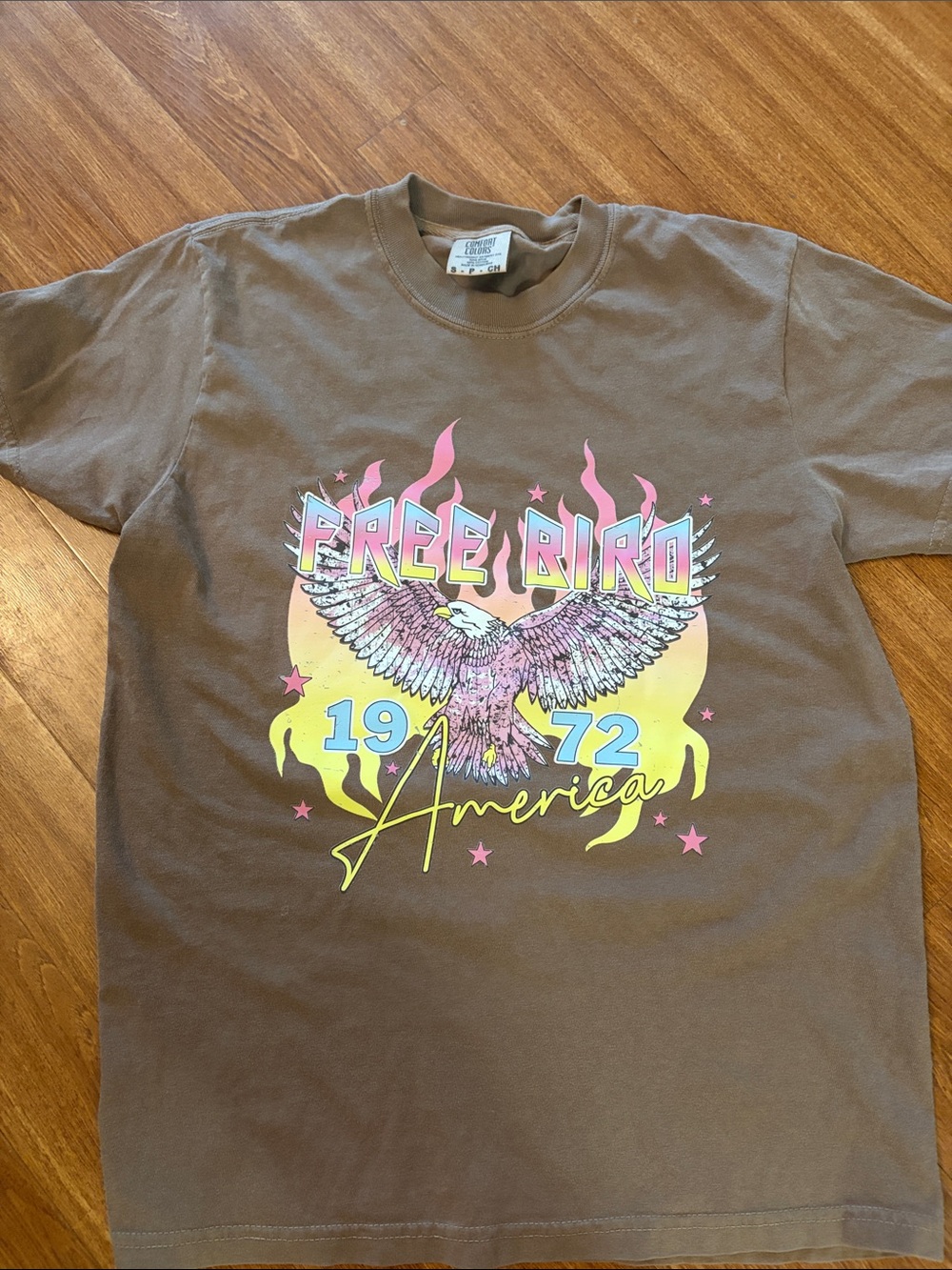 Comfort Colors Free Bird Graphic Tee in Brown with Pink & Yellow Print